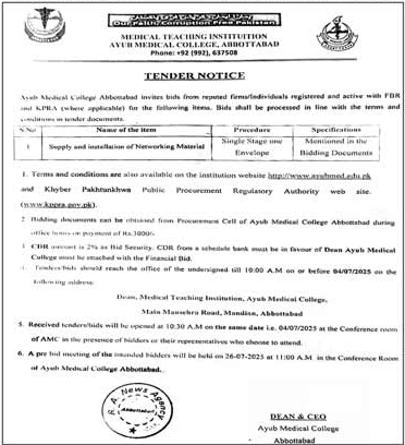 Medical Teaching Institute Ayub Medical College Abbottabad Tender Notice